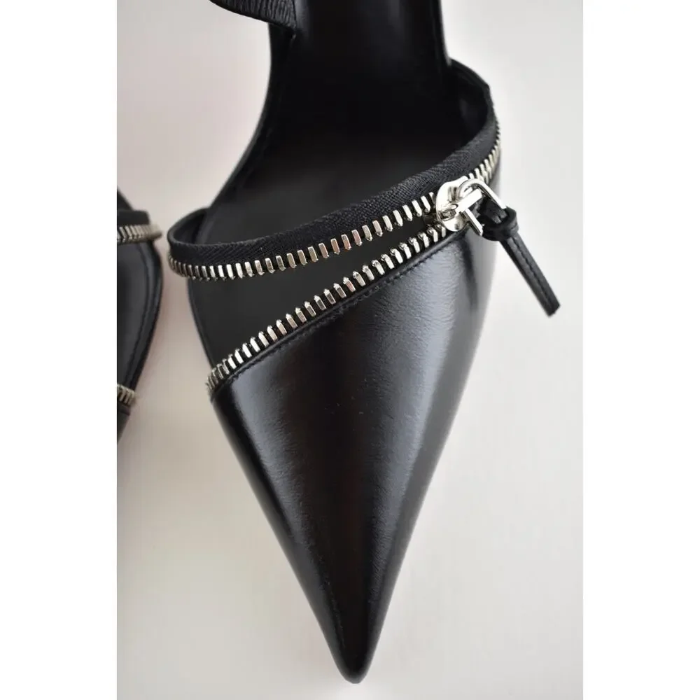 Christian Louboutin Slingyzip 100 Black Leather Zipper Slingback Heel Pump 38